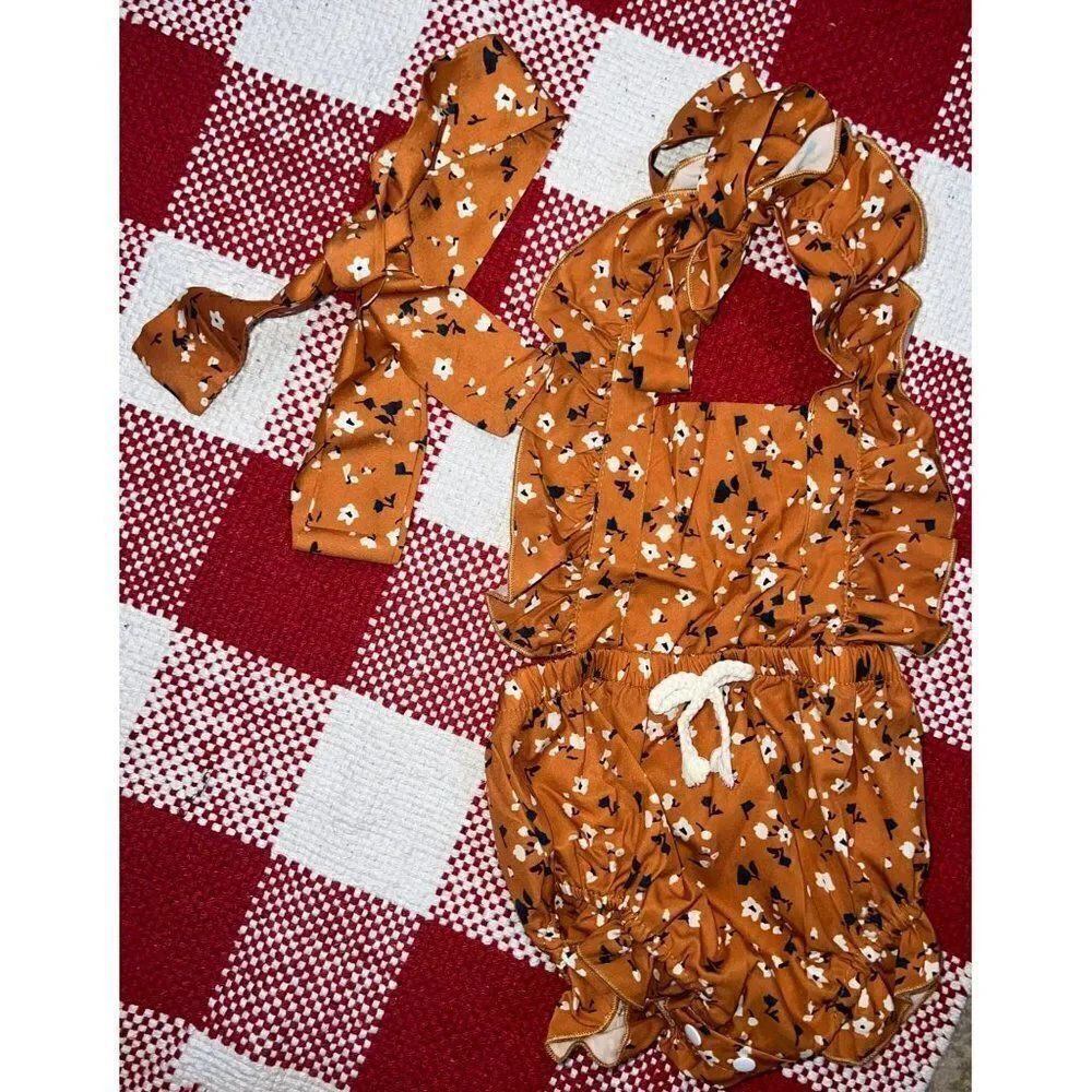 Baby Girl Floral Romper Ruffle Short Sleeve Jumpsuit Outfit with Headband (9-12